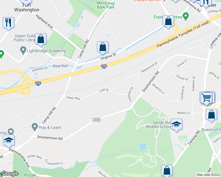 map of restaurants, bars, coffee shops, grocery stores, and more near 456 Leah Drive in Fort Washington