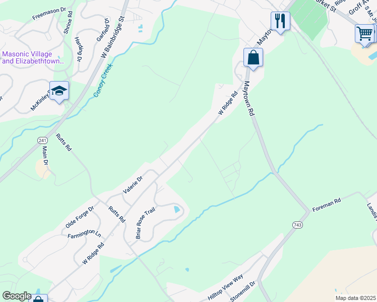 map of restaurants, bars, coffee shops, grocery stores, and more near 256 West Ridge Road in Elizabethtown