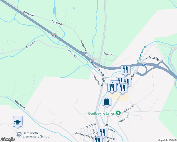 map of restaurants, bars, coffee shops, grocery stores, and more near 298 Ames Road in Bentleyville