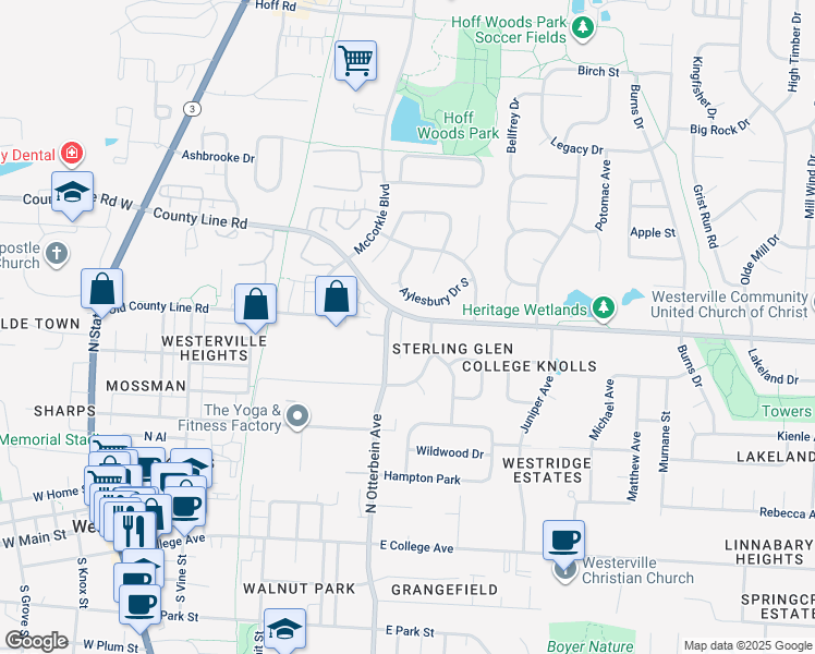 map of restaurants, bars, coffee shops, grocery stores, and more near 231 Sterling Glen Drive in Westerville
