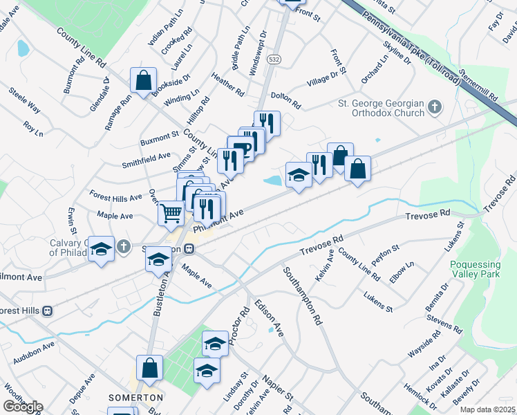 map of restaurants, bars, coffee shops, grocery stores, and more near 13675 Philmont Avenue in Philadelphia