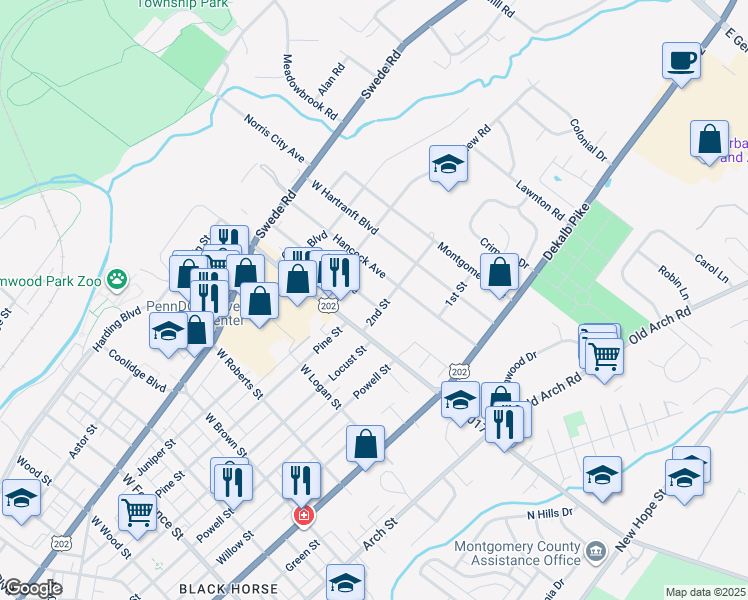 map of restaurants, bars, coffee shops, grocery stores, and more near 204 Francis Avenue in Norristown