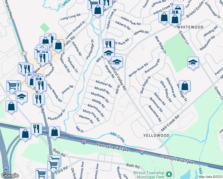 map of restaurants, bars, coffee shops, grocery stores, and more near 7 Mintleaf Road in Levittown