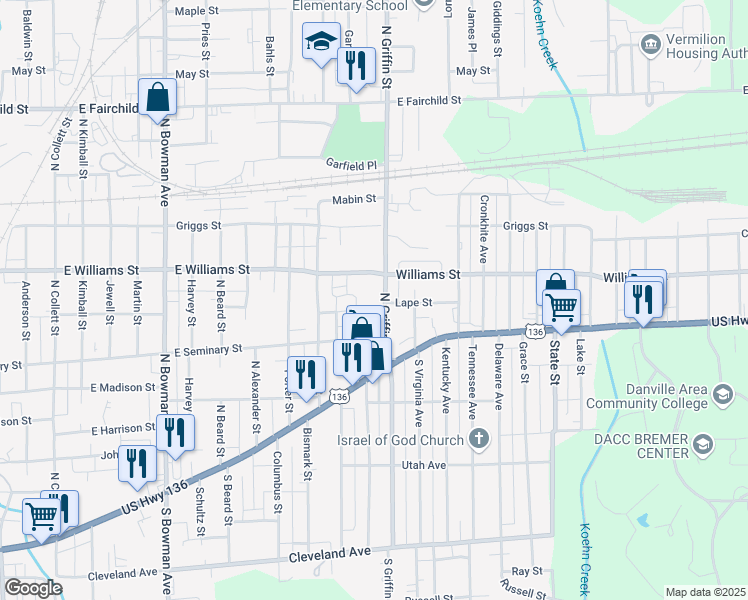 map of restaurants, bars, coffee shops, grocery stores, and more near 502 North Griffin Street in Danville