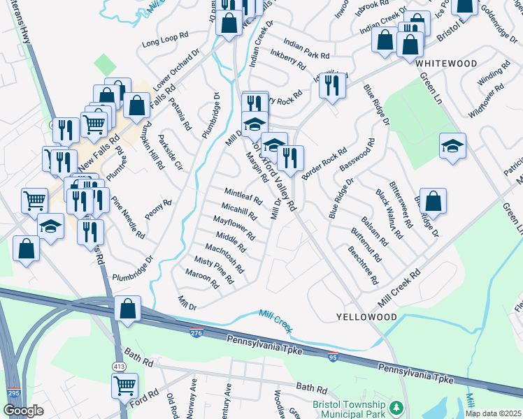 map of restaurants, bars, coffee shops, grocery stores, and more near 7 Mintleaf Road in Levittown