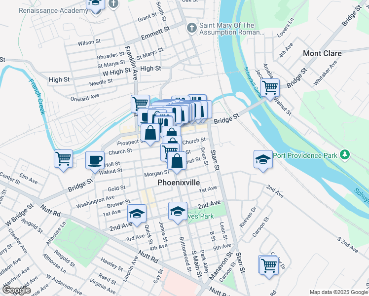 map of restaurants, bars, coffee shops, grocery stores, and more near 156 Church Street in Phoenixville