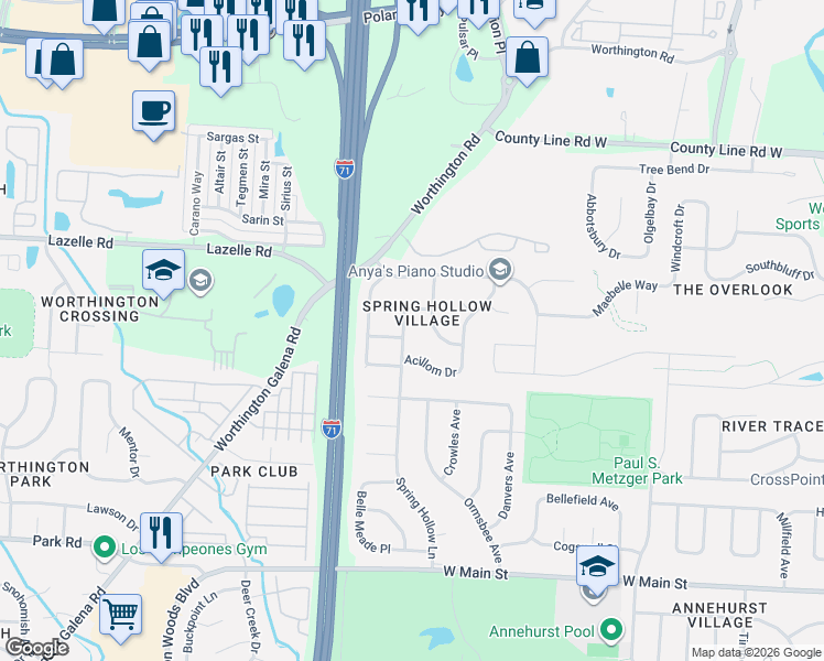 map of restaurants, bars, coffee shops, grocery stores, and more near 255 Spring Hollow Lane in Westerville