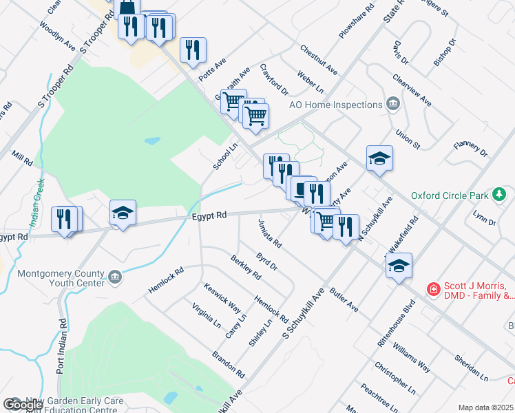 map of restaurants, bars, coffee shops, grocery stores, and more near 37 Egypt Road in Eagleville