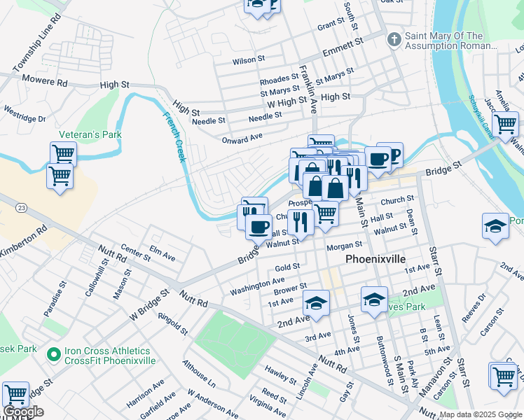 map of restaurants, bars, coffee shops, grocery stores, and more near 395 Bridge Street in Phoenixville