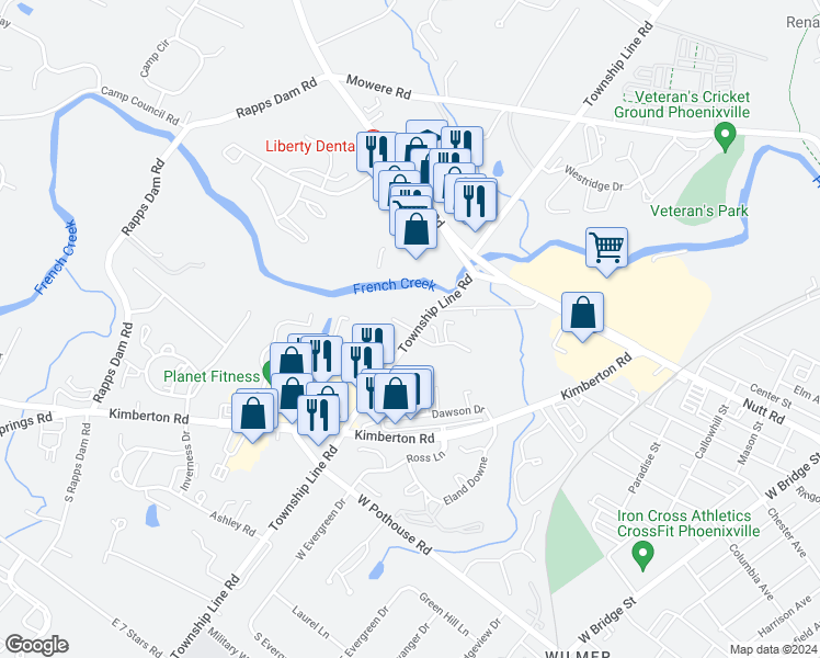 map of restaurants, bars, coffee shops, grocery stores, and more near 10 Chrisevyn Lane in Phoenixville