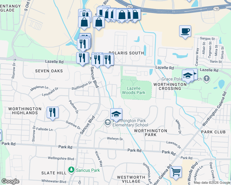 map of restaurants, bars, coffee shops, grocery stores, and more near 1016 Philadelphia Drive in Westerville