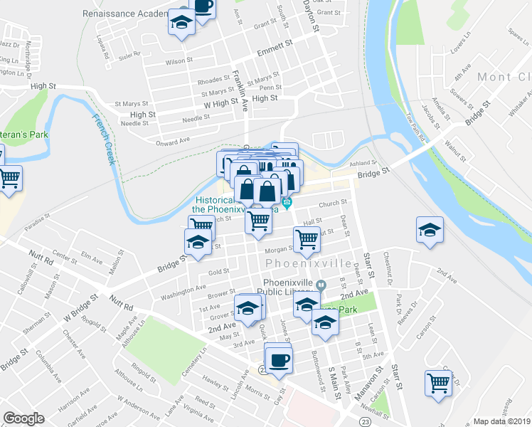 map of restaurants, bars, coffee shops, grocery stores, and more near 265 Church Street in Phoenixville