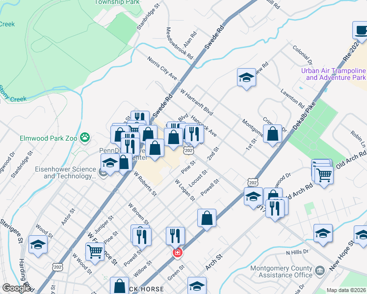 map of restaurants, bars, coffee shops, grocery stores, and more near 304 West Johnson Highway in Norristown