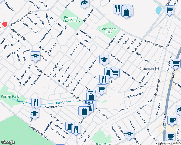 map of restaurants, bars, coffee shops, grocery stores, and more near 2517 Patane Avenue in Abington