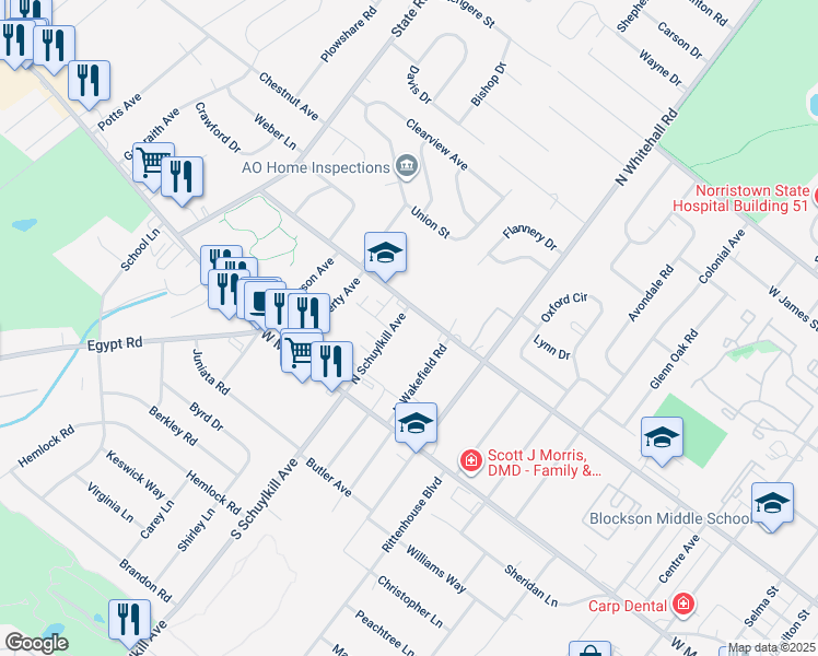map of restaurants, bars, coffee shops, grocery stores, and more near 66 North Schuylkill Avenue in Norristown