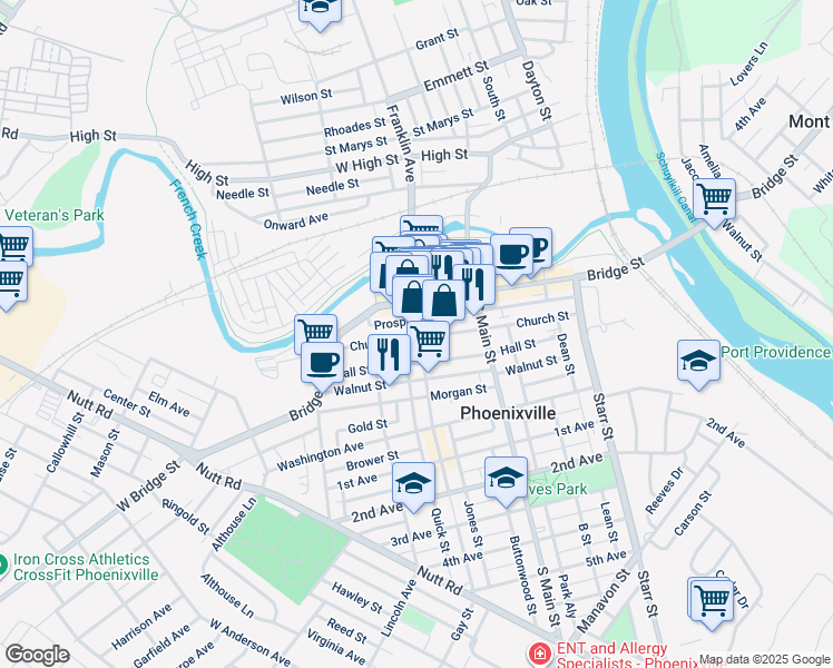 map of restaurants, bars, coffee shops, grocery stores, and more near 32 Gay Street in Phoenixville