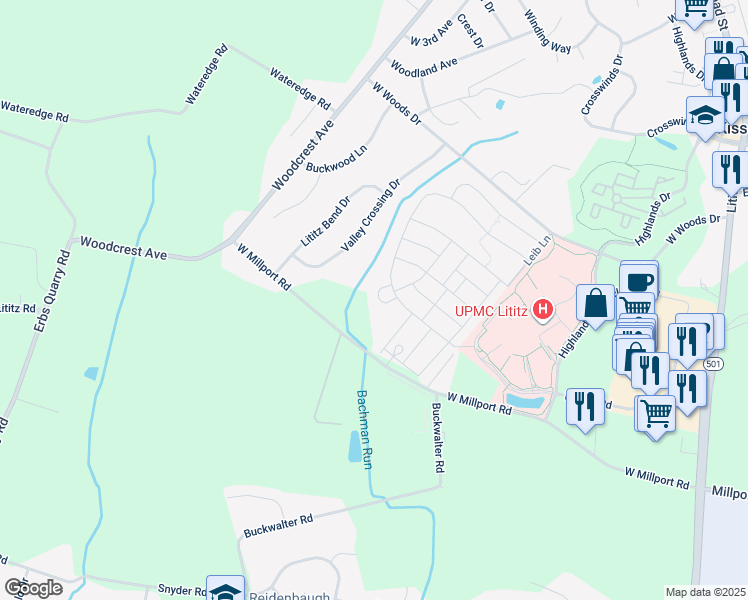 map of restaurants, bars, coffee shops, grocery stores, and more near 600 Centennial Court in Lititz
