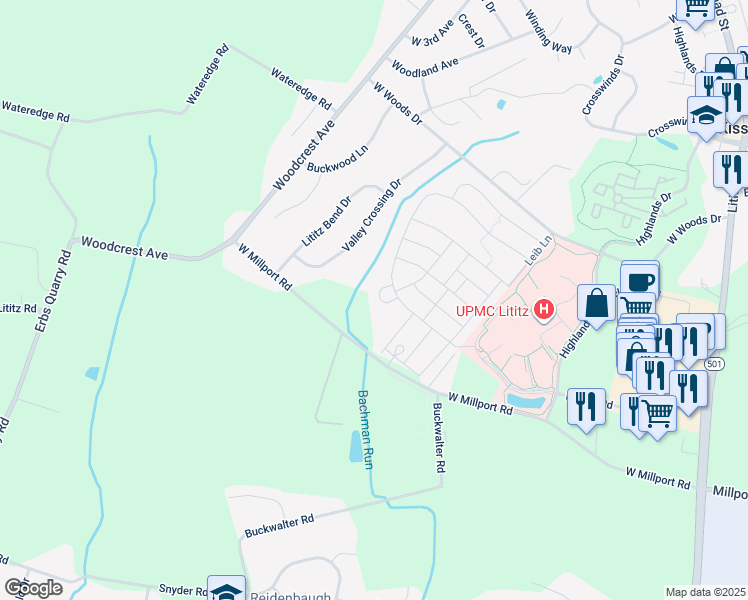 map of restaurants, bars, coffee shops, grocery stores, and more near 600 Centennial Court in Lititz