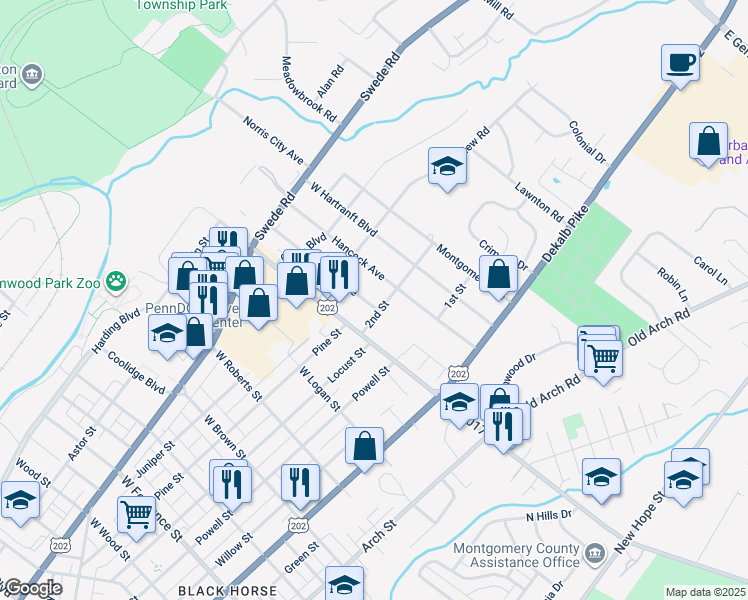 map of restaurants, bars, coffee shops, grocery stores, and more near 204 Francis Avenue in Norristown