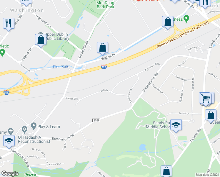 map of restaurants, bars, coffee shops, grocery stores, and more near 456 Leah Drive in Fort Washington