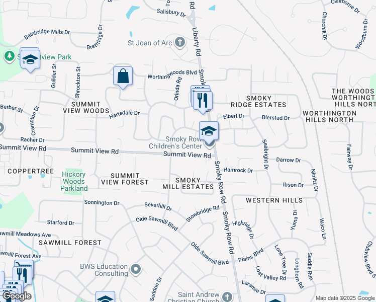 map of restaurants, bars, coffee shops, grocery stores, and more near 2124 Summit View Road in Powell