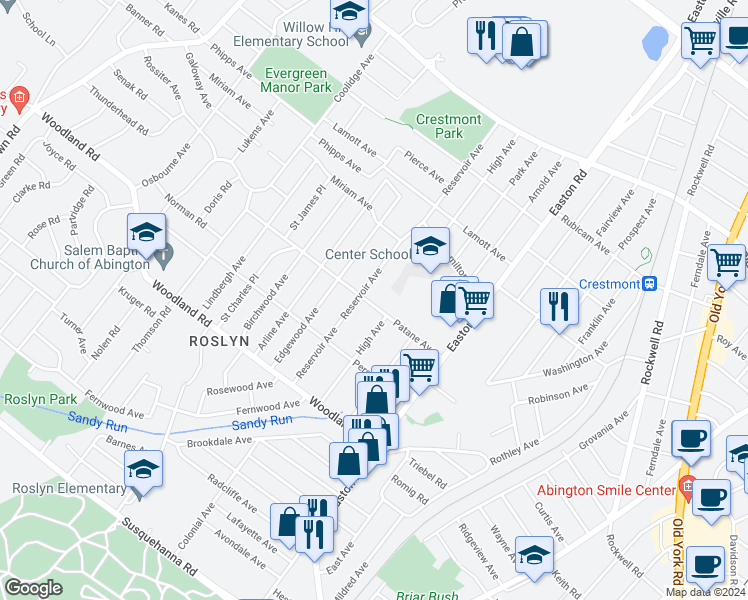 map of restaurants, bars, coffee shops, grocery stores, and more near 2517 Patane Avenue in Abington