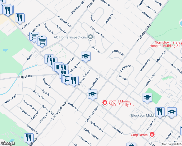 map of restaurants, bars, coffee shops, grocery stores, and more near 66 North Schuylkill Avenue in Norristown