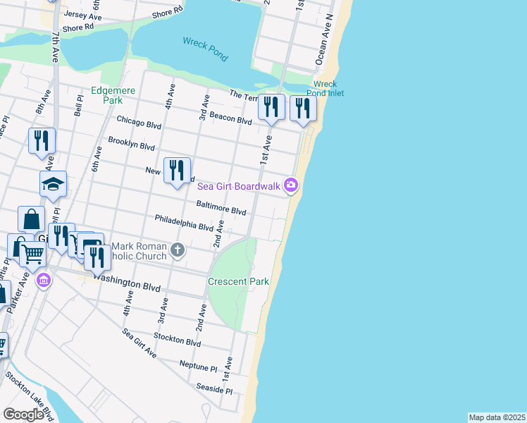 map of restaurants, bars, coffee shops, grocery stores, and more near 7 Baltimore Boulevard in Sea Girt