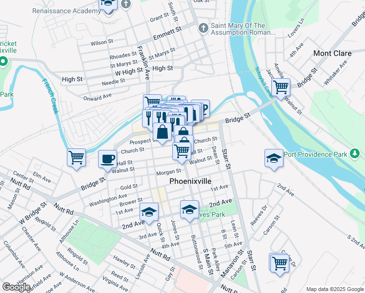 map of restaurants, bars, coffee shops, grocery stores, and more near 101 Main Street in Phoenixville