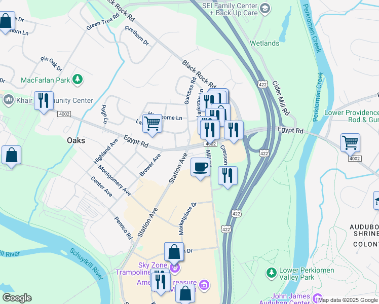 map of restaurants, bars, coffee shops, grocery stores, and more near 1501 Egypt Road in Phoenixville