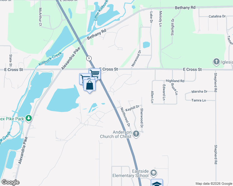 map of restaurants, bars, coffee shops, grocery stores, and more near 1704 South Cross Lakes Circle in Anderson