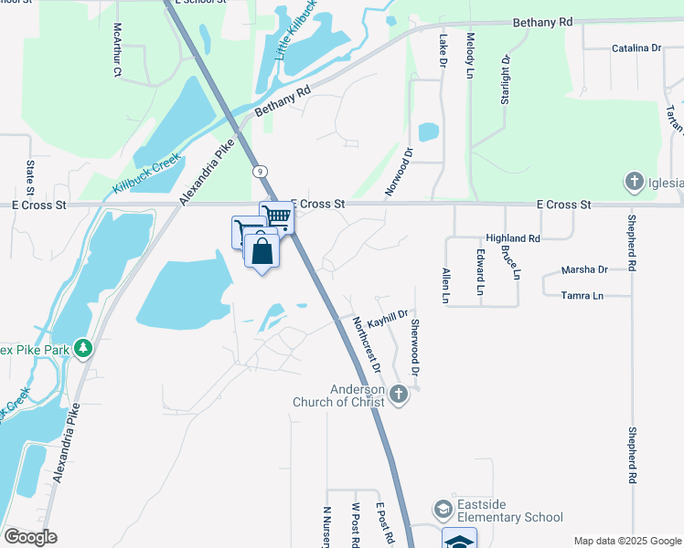 map of restaurants, bars, coffee shops, grocery stores, and more near 1704 South Cross Lakes Circle in Anderson