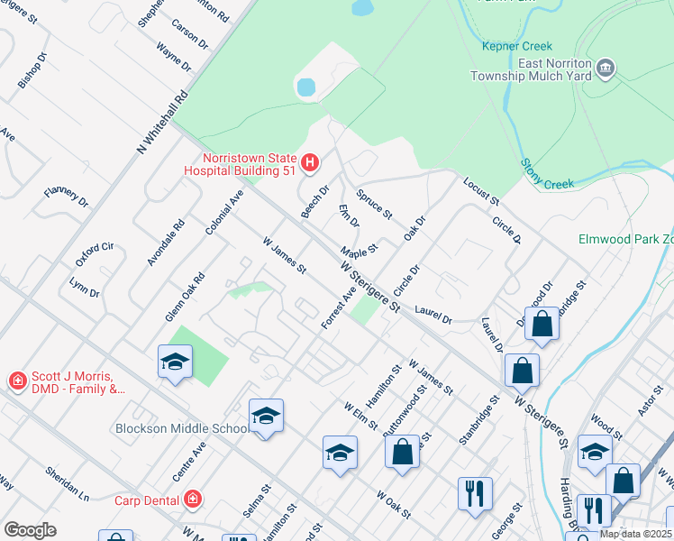map of restaurants, bars, coffee shops, grocery stores, and more near 1406 Sterigere Street in Norristown