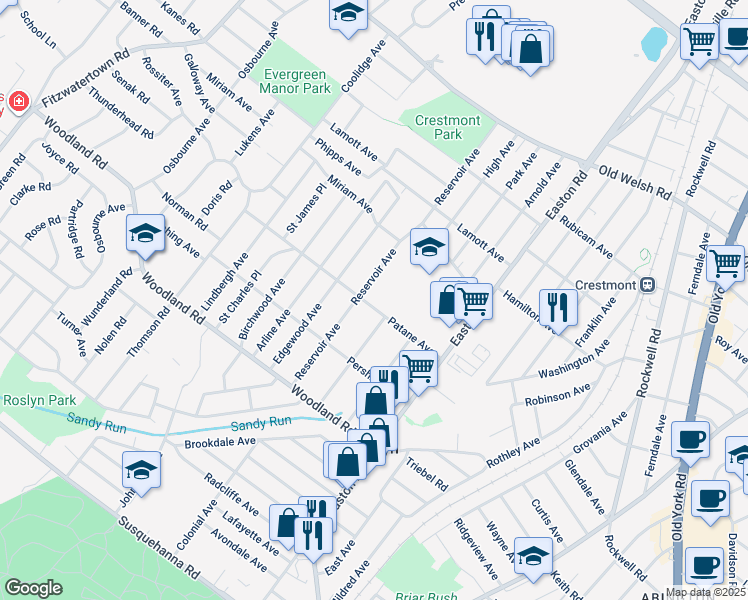 map of restaurants, bars, coffee shops, grocery stores, and more near 2517 Patane Avenue in Abington