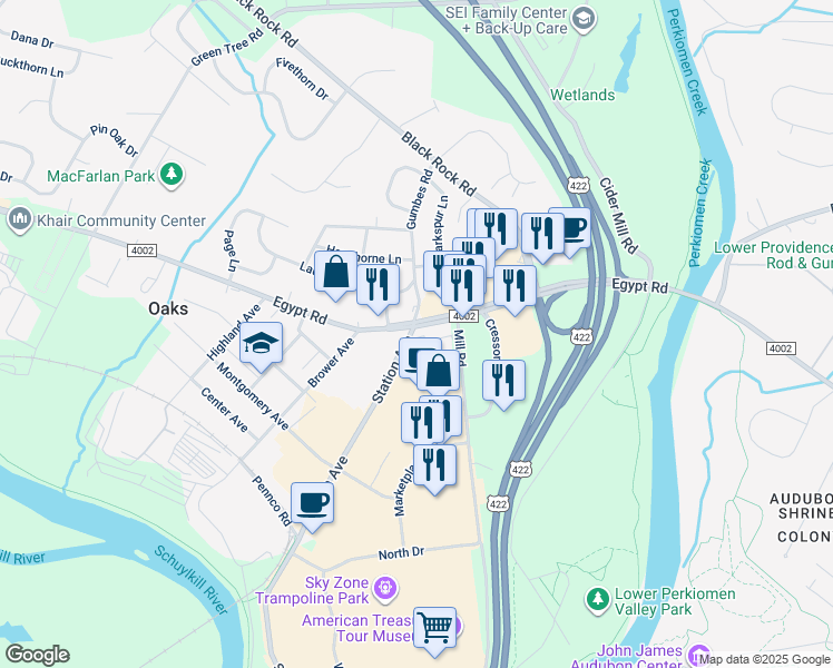 map of restaurants, bars, coffee shops, grocery stores, and more near 1501 Egypt Road in Phoenixville