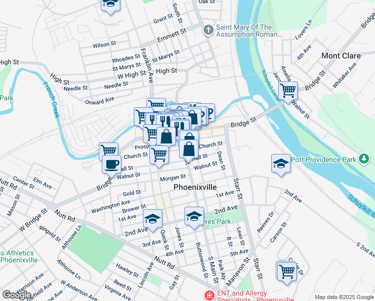 map of restaurants, bars, coffee shops, grocery stores, and more near 110 Main Street in Phoenixville