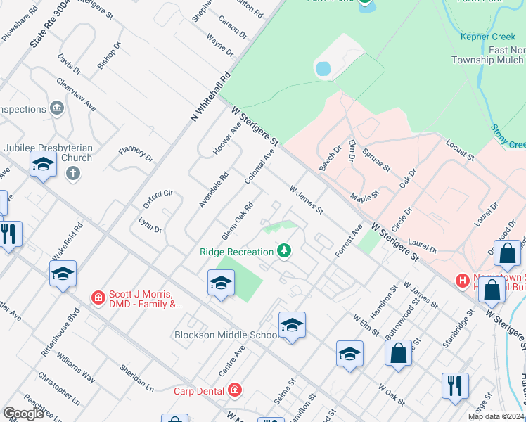 map of restaurants, bars, coffee shops, grocery stores, and more near 909 Northridge Drive in Norristown