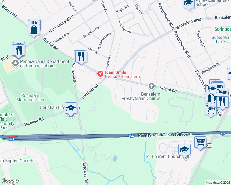 map of restaurants, bars, coffee shops, grocery stores, and more near Saddlebrook Drive in Bensalem