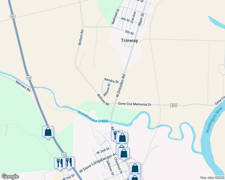 map of restaurants, bars, coffee shops, grocery stores, and more near 11940 Bottom Road in Dresden