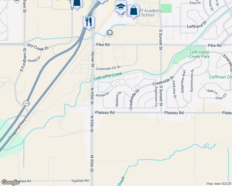 map of restaurants, bars, coffee shops, grocery stores, and more near 2440 Mallard Circle in Longmont