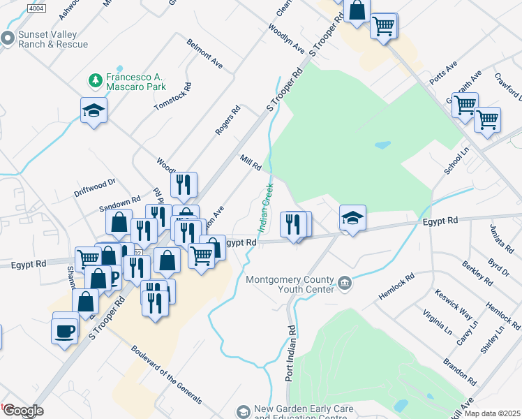 map of restaurants, bars, coffee shops, grocery stores, and more near 521 Willowbrook Drive in Norristown