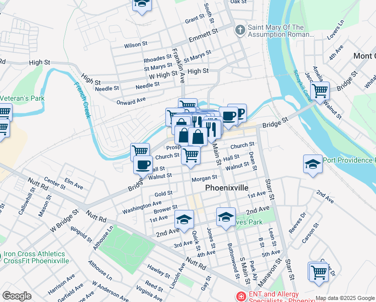 map of restaurants, bars, coffee shops, grocery stores, and more near 242 Church Street in Phoenixville