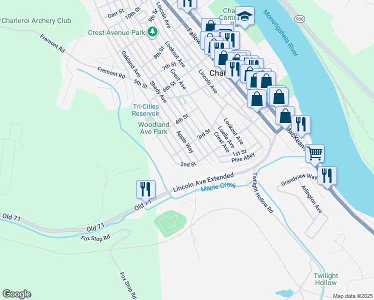 map of restaurants, bars, coffee shops, grocery stores, and more near 1001 3rd Street in Charleroi