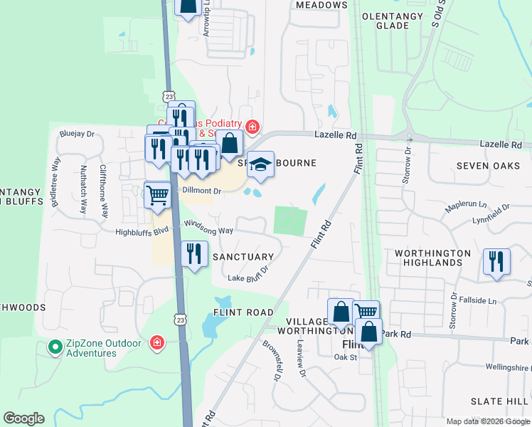 map of restaurants, bars, coffee shops, grocery stores, and more near 221 Green Springs Drive in Columbus