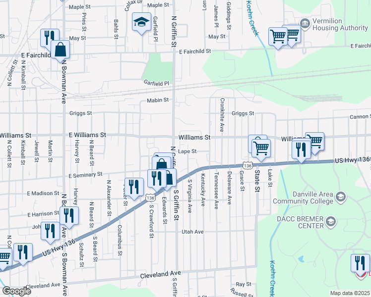 map of restaurants, bars, coffee shops, grocery stores, and more near 1306 Lape Street in Danville