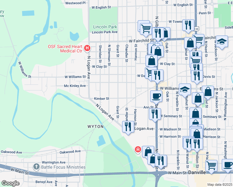 map of restaurants, bars, coffee shops, grocery stores, and more near 703 Kimber Street in Danville