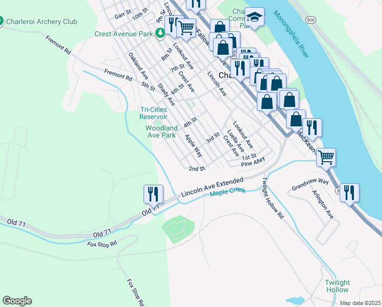 map of restaurants, bars, coffee shops, grocery stores, and more near 1001 3rd Street in Charleroi