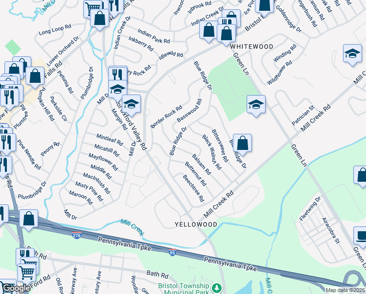 map of restaurants, bars, coffee shops, grocery stores, and more near 72 Balsam Road in Levittown