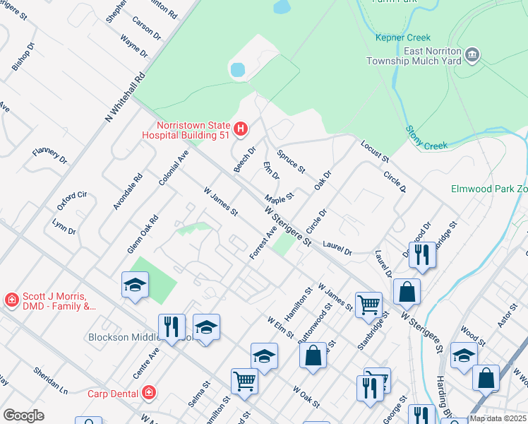 map of restaurants, bars, coffee shops, grocery stores, and more near 1406 Sterigere Street in Norristown