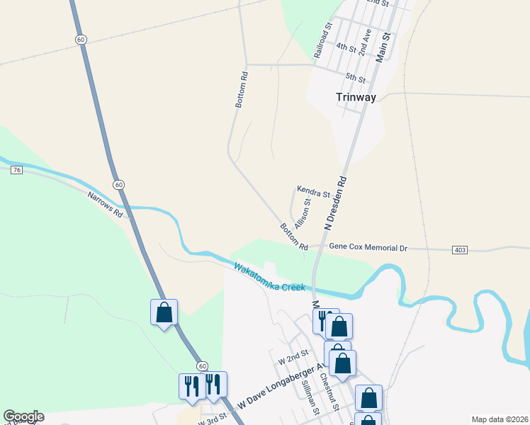map of restaurants, bars, coffee shops, grocery stores, and more near 12025 Bottom Road in Dresden